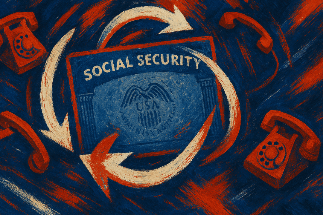 Abstract painting showing Social Security card, phones, and swirling arrows symbolizing reversal of phone filing restrictions
