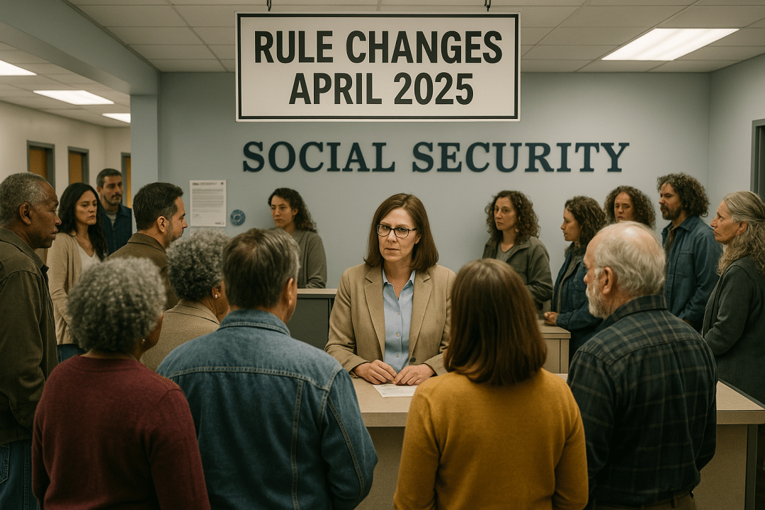 People waiting in line at a Social Security office with a sign above the counter that reads "Rule Changes April 2025.