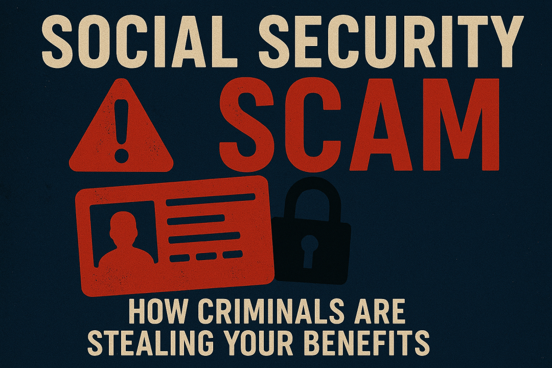 Warning about Social Security scams in 2025 showing stolen benefit data and online fraud