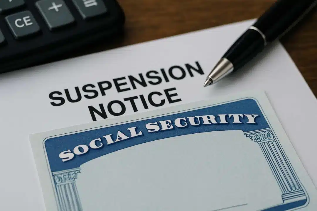 A Social Security card placed on top of a suspension notice with a pen and calculator on a wooden desk.