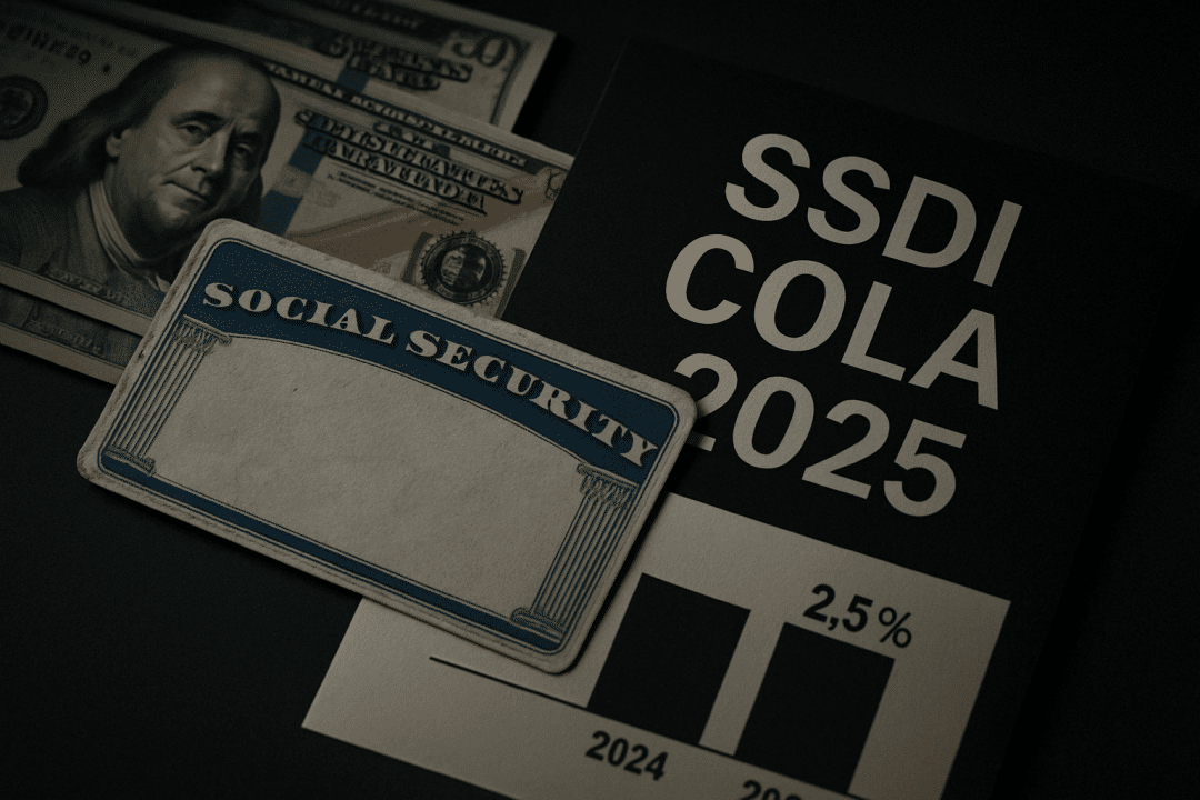 Social Security card, U.S. cash, and SSDI COLA 2025 chart under dramatic lighting — representing disability payment increase.