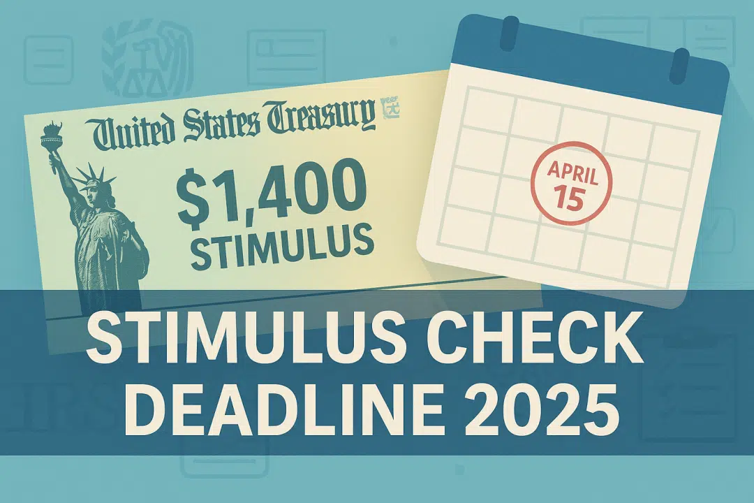 Stimulus check deadline graphic for April 15, 2025, showing $1,400 payment and IRS check illustration