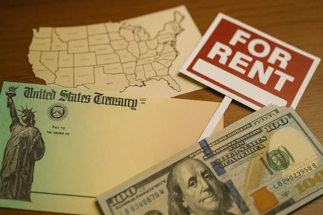 Two hundred dollar bills, A US map, treasury check, and for rent sign.