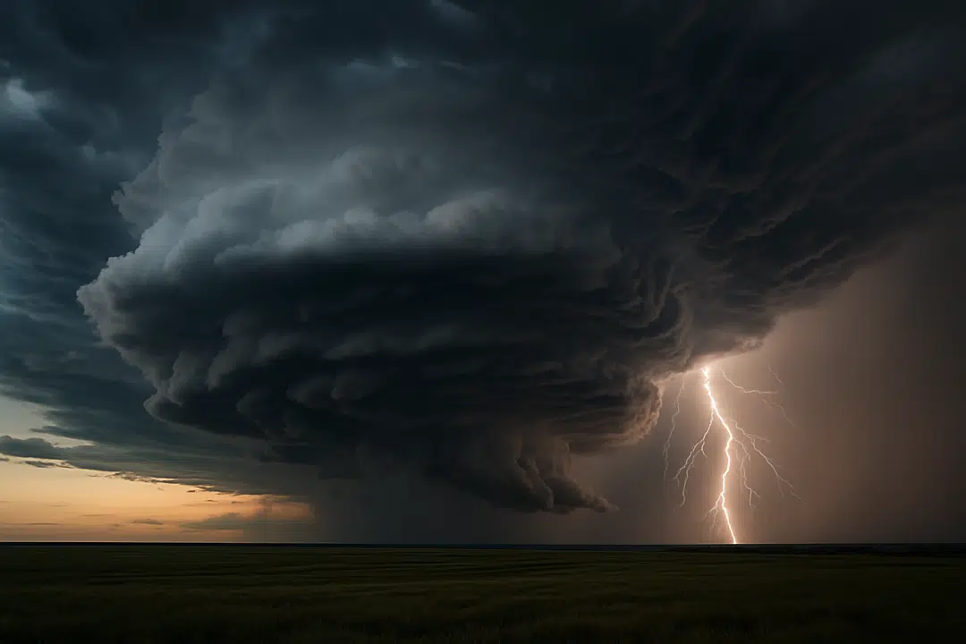 A hyper-realistic supercell thunderstorm looms over a field with intense lightning striking from dark swirling clouds during sunset.