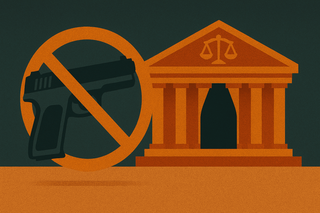 Illustration of the U.S. Supreme Court building beside a handgun crossed out by a prohibition symbol, symbolizing a declined gun law challenge.