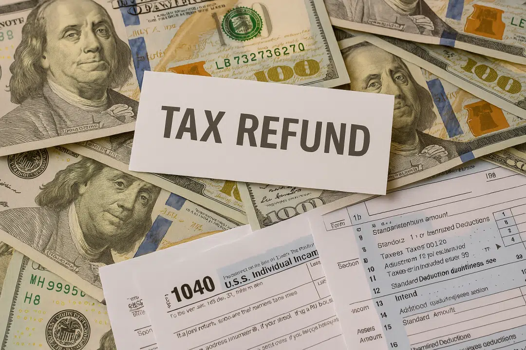 Tax refund notice surrounded by a pile of hundred-dollar bills and various completed tax forms, representing financial returns during tax season.