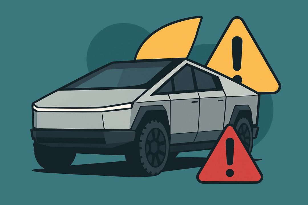 Flat-style digital illustration of a Tesla Cybertruck with yellow and red hazard signs, symbolizing a vehicle safety recall.