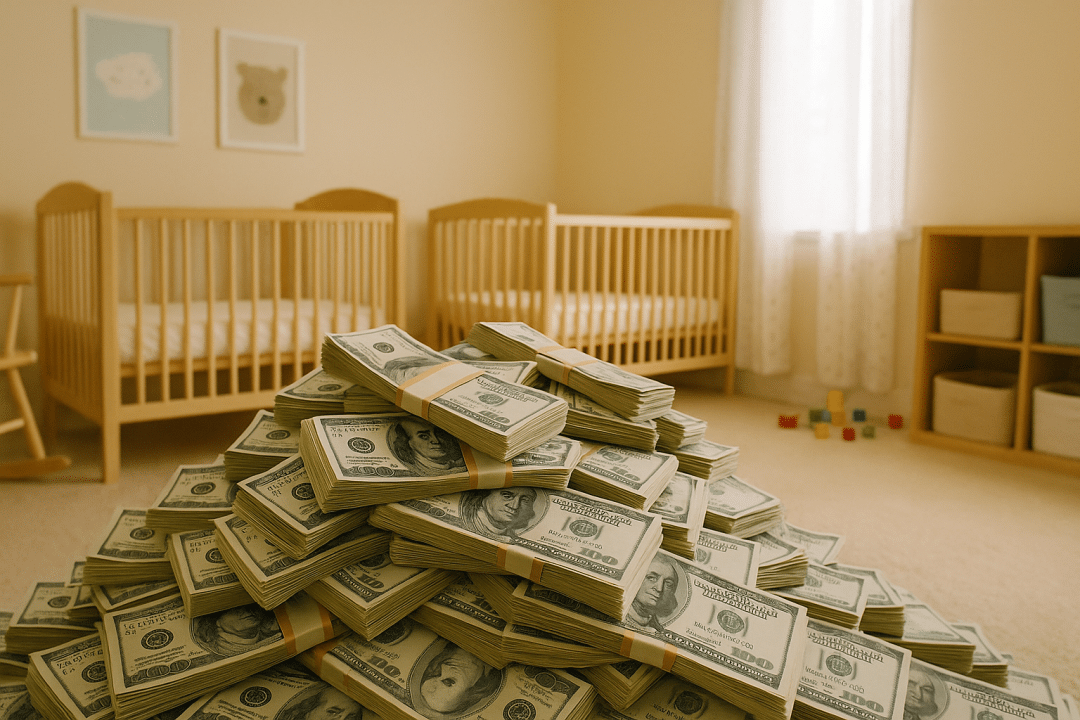 A large pile of $100 bills stacked in the foreground of a daycare nursery with wooden cribs, storage bins, and scattered toy blocks in the background.