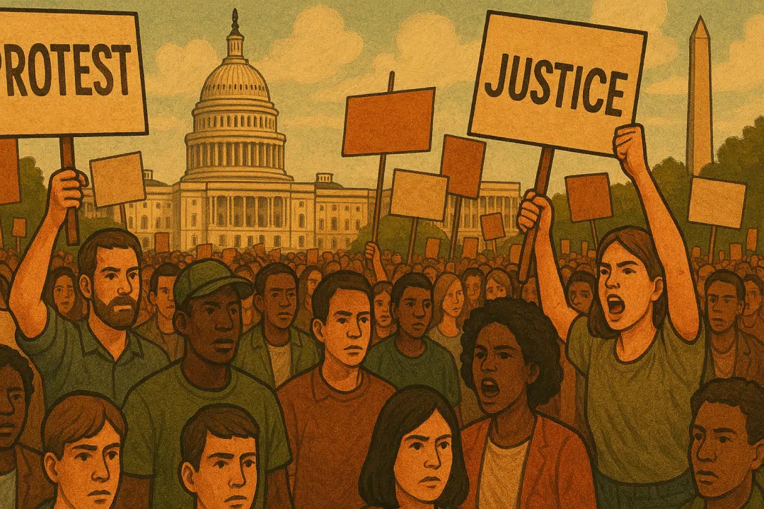 A large, diverse crowd of protesters holds signs and banners in front of the U.S. Capitol and Washington Monument during a demonstration in Washington D.C.