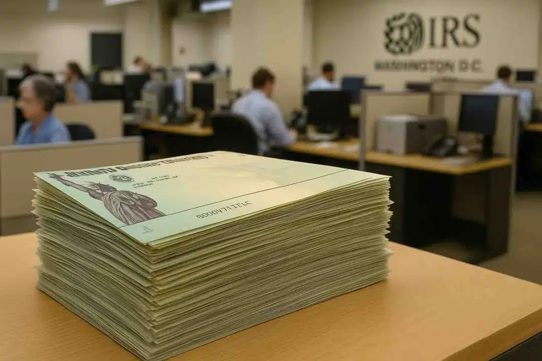 Stack of unclaimed U.S. Treasury stimulus checks on a desk at a busy IRS office in Washington, D.C., with employees working in the background.