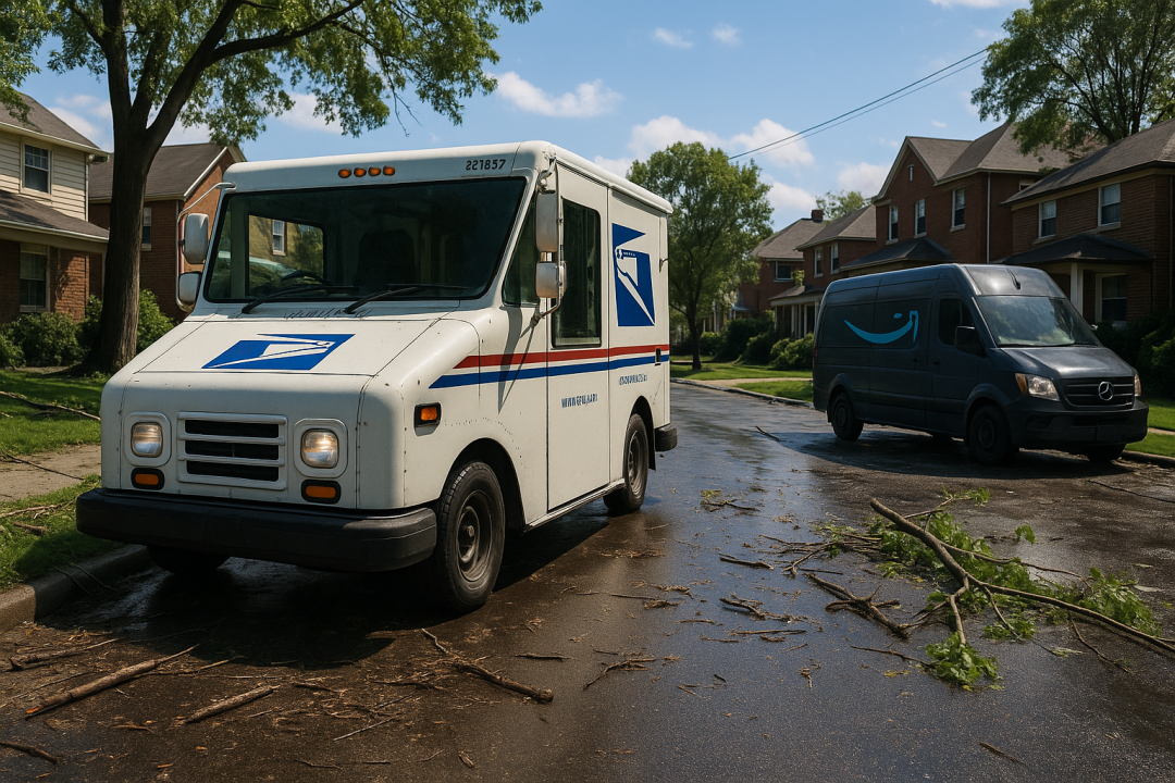 A USPS delivery truck and an Amazon van parked on a sunny suburban street with scattered storm debris, in front of brick houses and leafy green trees.