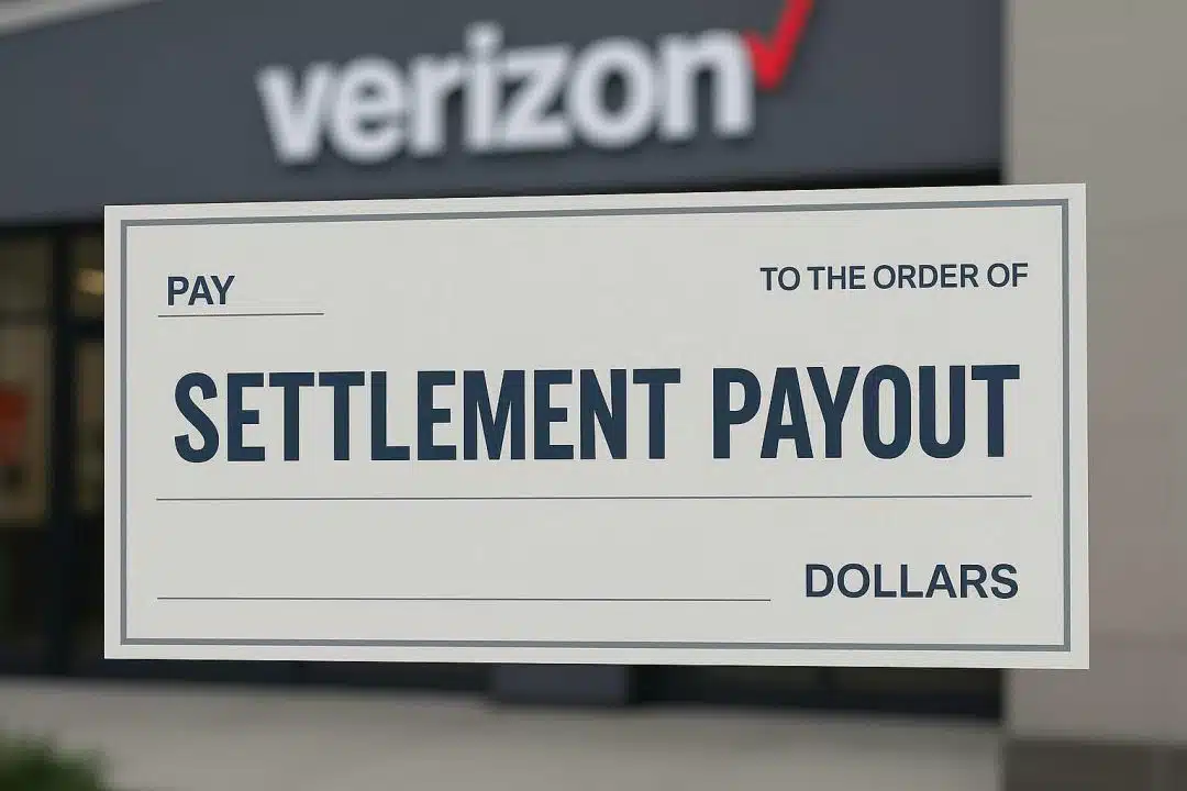 A large settlement payout check with bold text in front of a blurred Verizon store background.