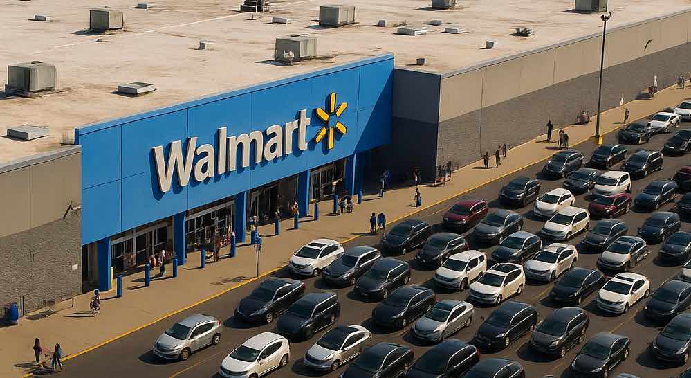 A busy aerial view of a Walmart store with a full parking lot and shoppers entering and exiting the building on a sunny day.