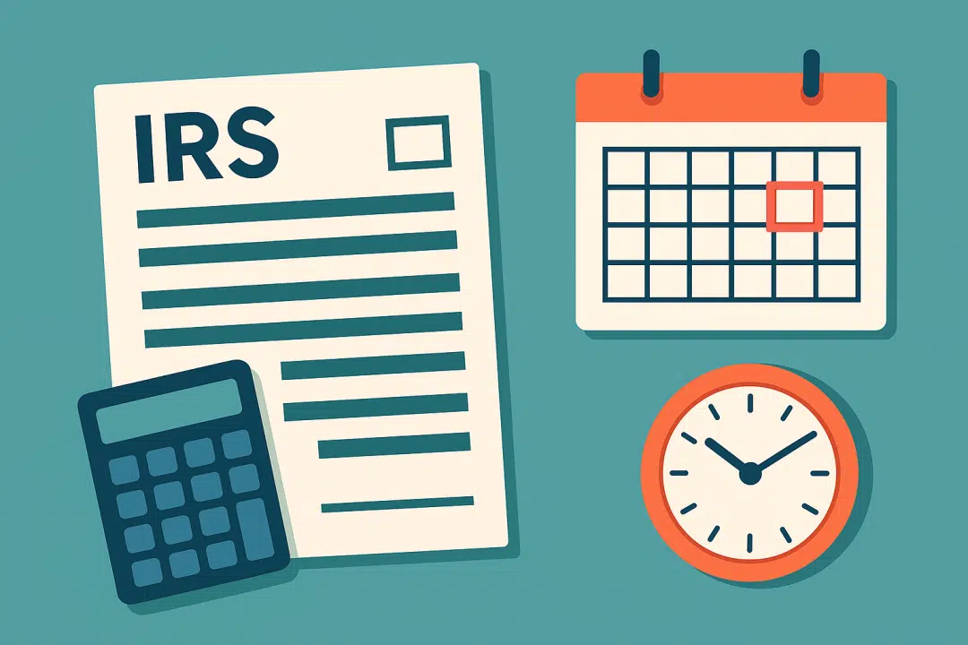Flat illustration showing an IRS tax form, a calendar with a highlighted date, a calculator, and a clock against a teal background.
