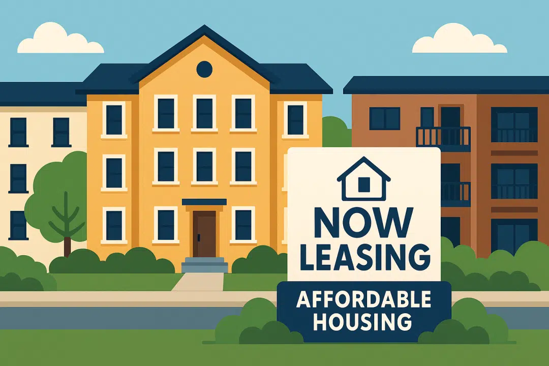 Illustration of an affordable housing complex with "Now Leasing" sign.