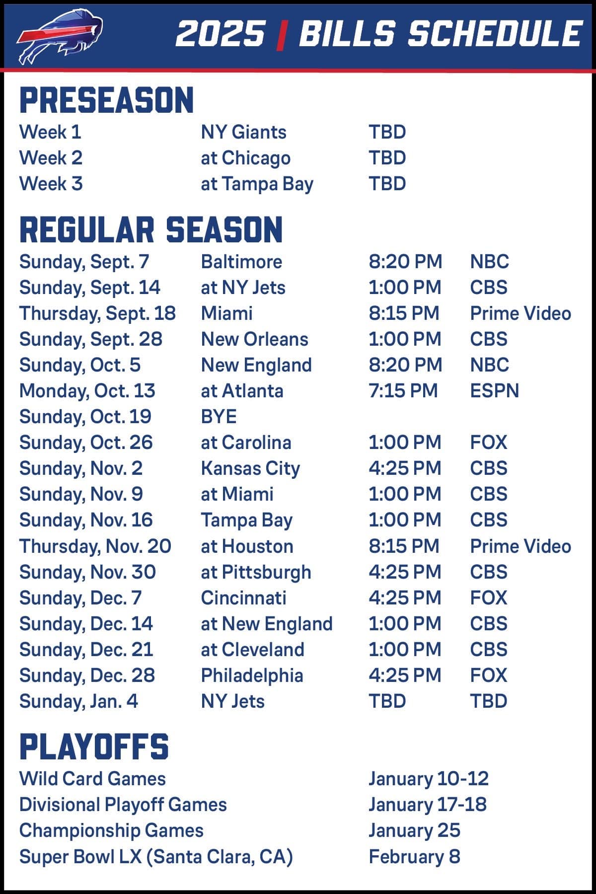 Buffalo Bills release 2025 schedule Buffalo Bills 2025 Season Schedule