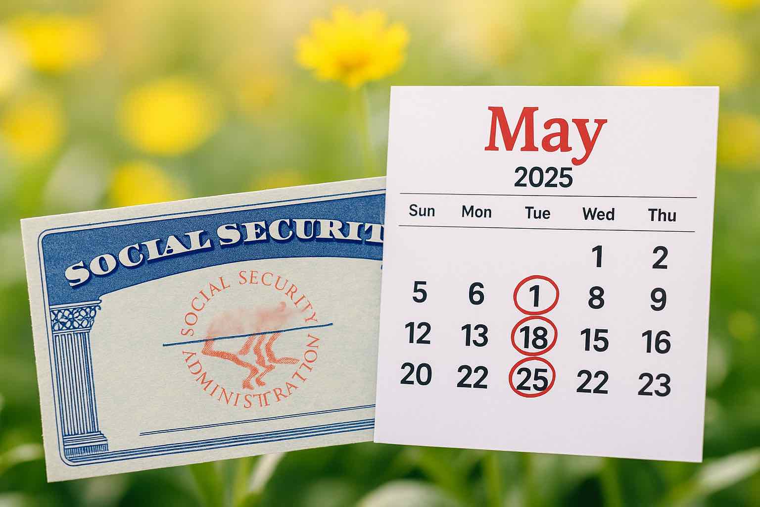 Social Security card next to a May 2025 calendar with payment dates circled, set against a spring garden background.