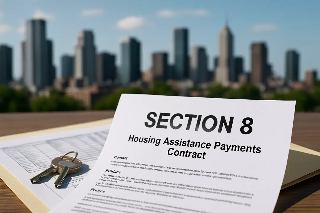 Section 8 Housing Assistance Payments Contract on a wooden desk with keys, against a blurred city skyline under a clear blue sky.