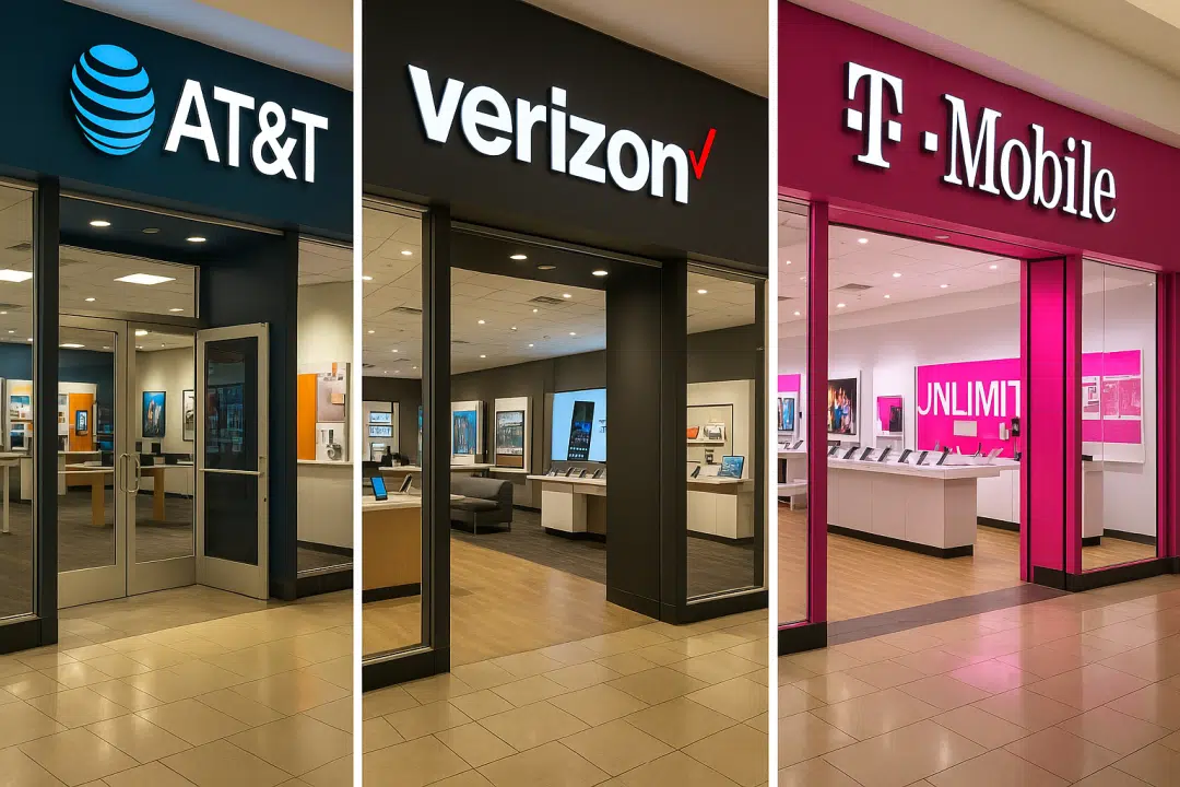 "Tri-split image showing AT&T, Verizon, and T-Mobile storefronts inside a shopping mall with bright lighting and polished floors.