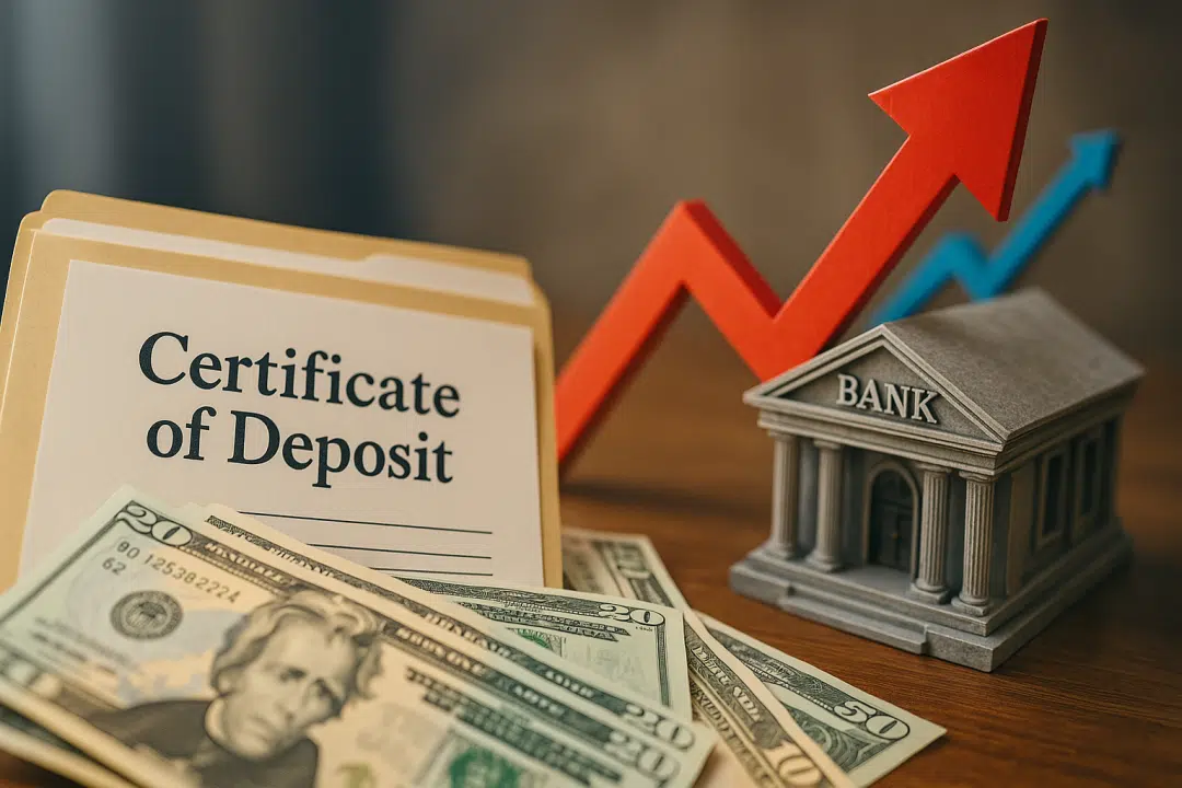 Certificate of Deposit folder with cash, miniature bank building, and upward red and blue arrows symbolizing rising interest rates.