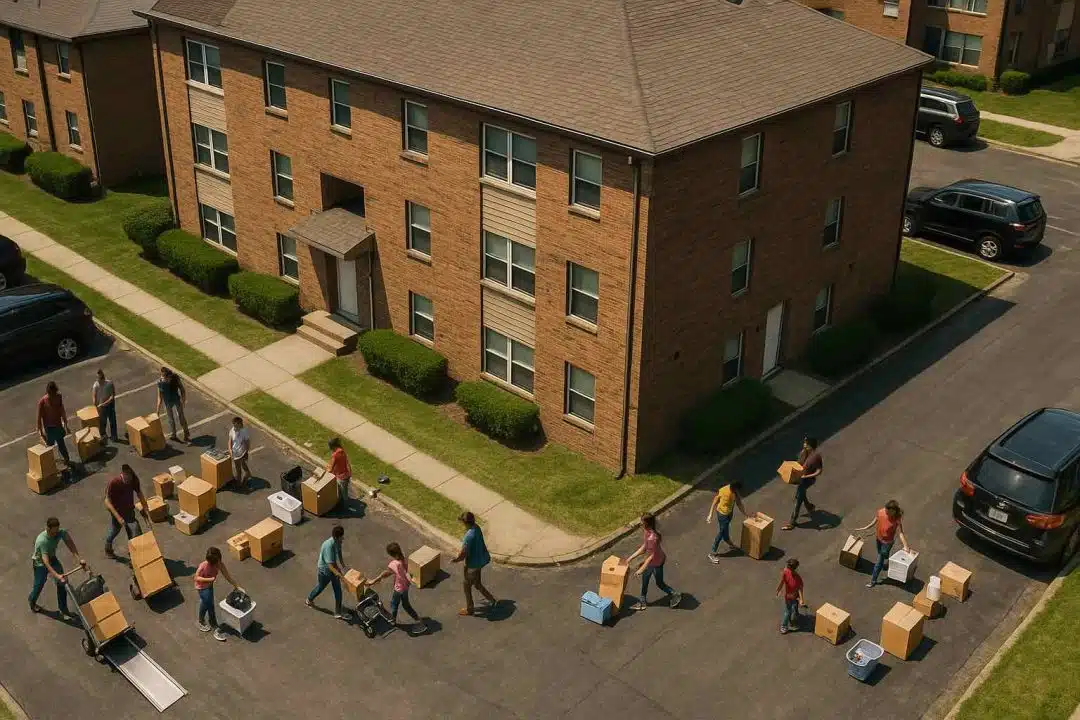 Aerial view of families moving out of a brick apartment building, with people carrying boxes and loading items into vehicles on a sunny day.