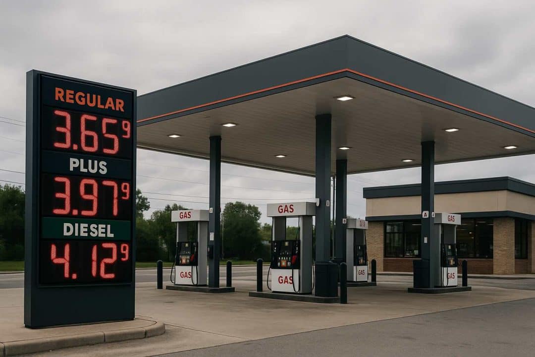 Gas station with fuel pumps under a canopy and a price sign showing $3.65 for regular, $3.97 for plus, and $4.12 for diesel on an overcast day.