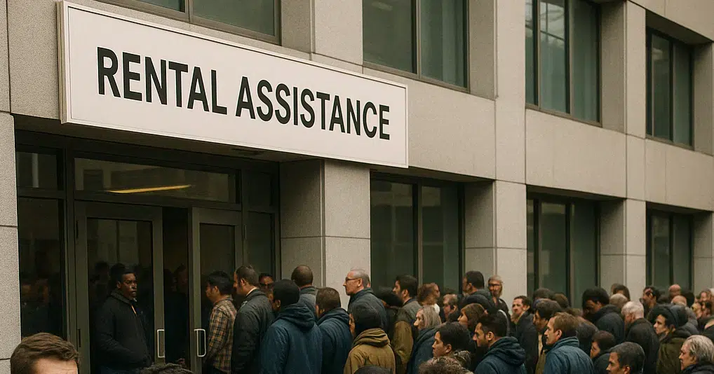 People walking toward a building that says rental assistance.