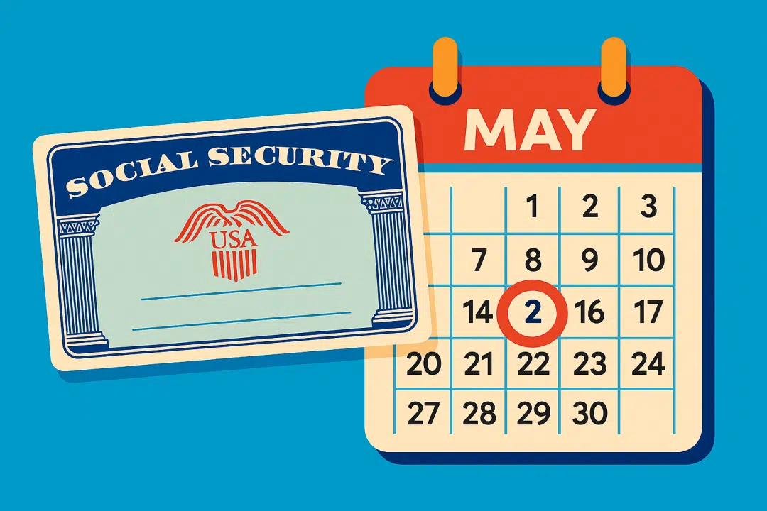 Colorful illustration of a Social Security card next to a May calendar with May 2 circled in red, set against a bright blue background.