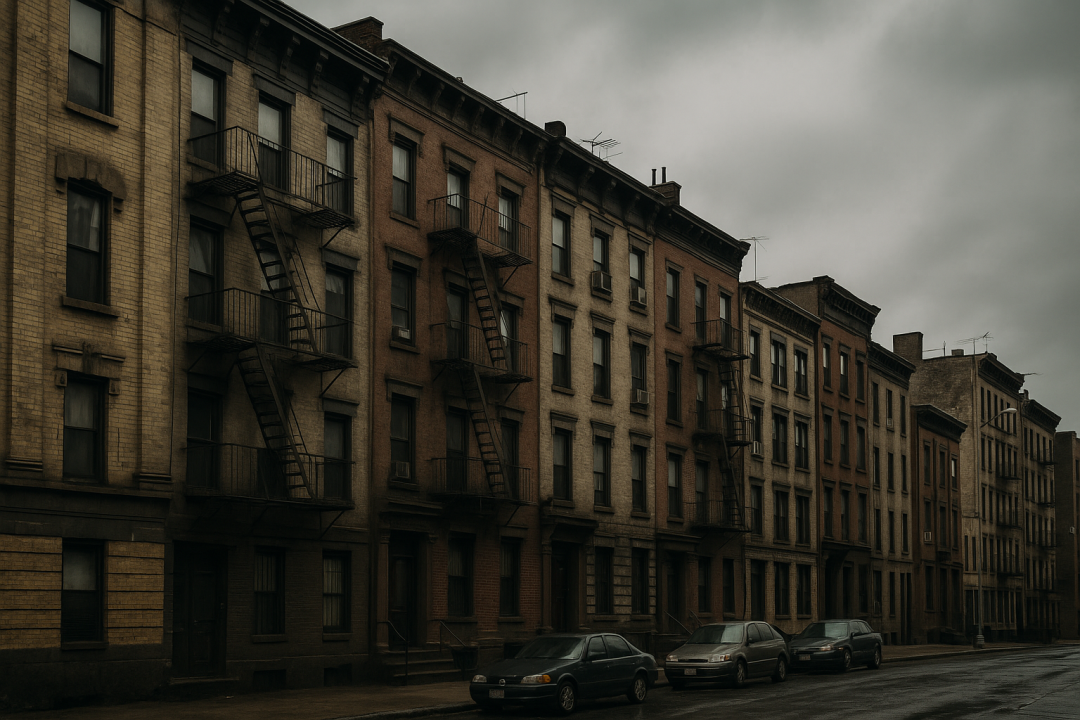 Row of old brick apartment buildings with fire escapes under cloudy skies during the 2025 housing crisis