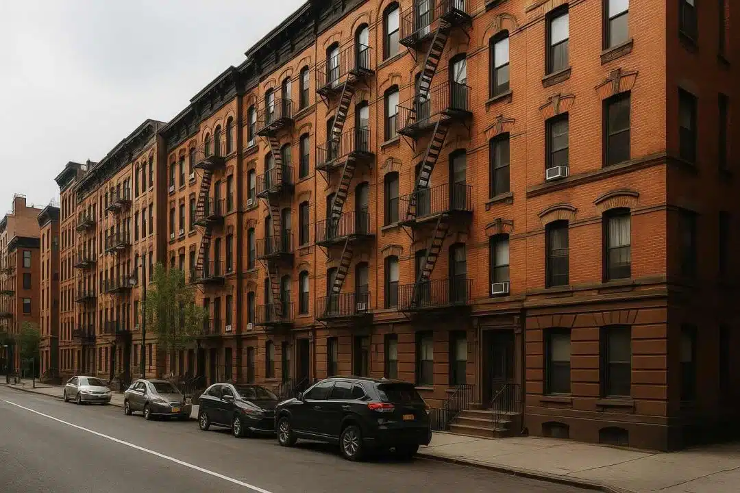 Urban apartment buildings along a New York City street with red brick facades, fire escapes, and parked cars