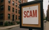 A bulletin board with a large paper reading "SCAM" stands on a quiet city street, with a red brick apartment building and parked cars visible in the background.