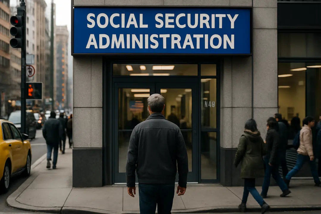 Man walking toward the entrance of a Social Security Administration office on a busy city sidewalk, with cars and pedestrians passing by.