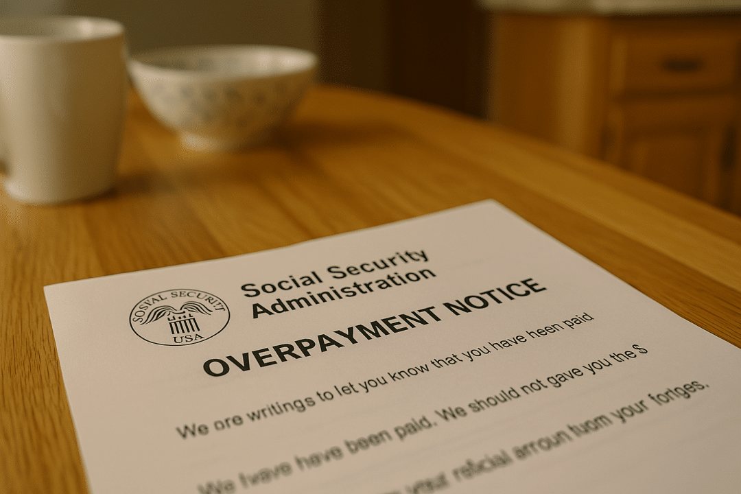 Social Security overpayment notice sitting on a wooden kitchen table with a coffee mug and bowl in the background.