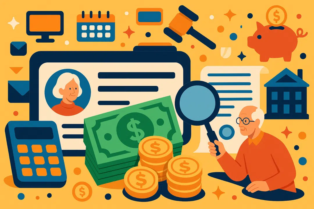 A busy flat-style illustration showing a stack of cash, gold coins, a government building, a calculator, a piggy bank, documents, and an elderly person with a magnifying glass, symbolizing Social Security payments and financial management.