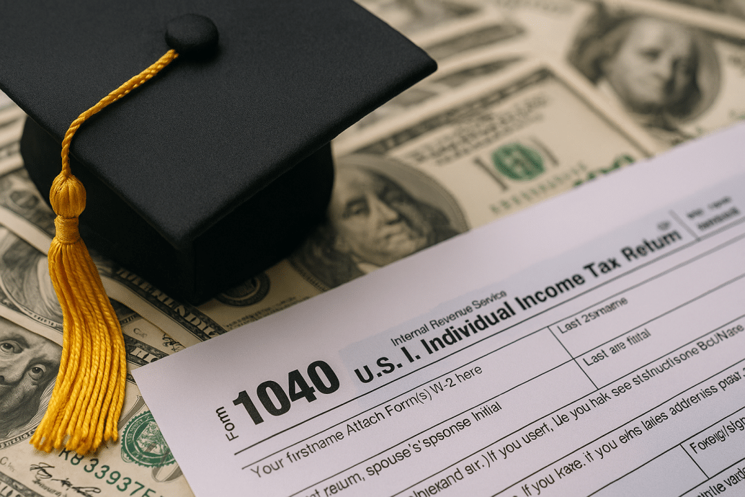 A black graduation cap with a gold tassel rests on scattered one-hundred-dollar bills and a partially visible IRS Form 1040, symbolizing student loan debt and financial pressure.