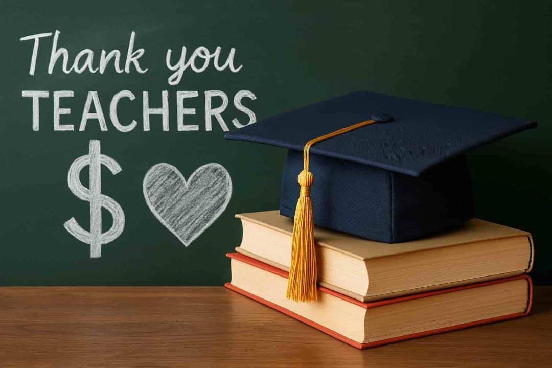 Graduation cap resting on stacked books in front of a chalkboard with handwritten 'Thank you teachers' message, dollar sign, and heart symbol.