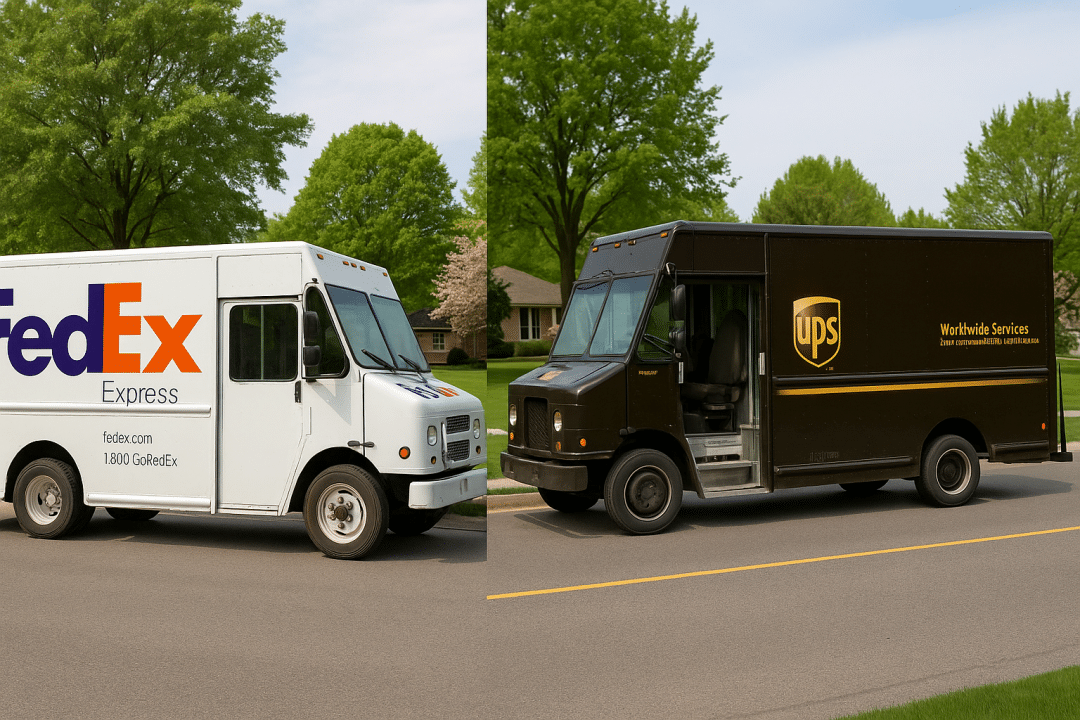 Split-screen image showing a FedEx Express truck and a UPS truck parked on opposite sides of a suburban street lined with trees and houses under a clear sky.