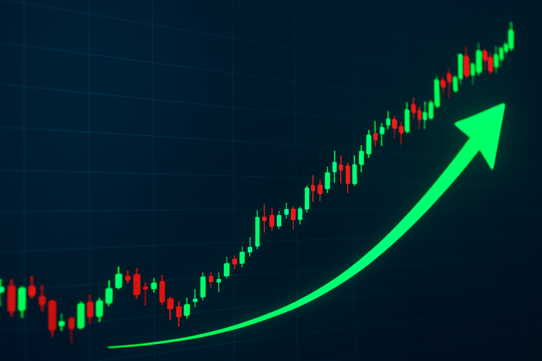 A digital stock chart showing a strong upward trend with green candlesticks and a bold green arrow, symbolizing a market rally.