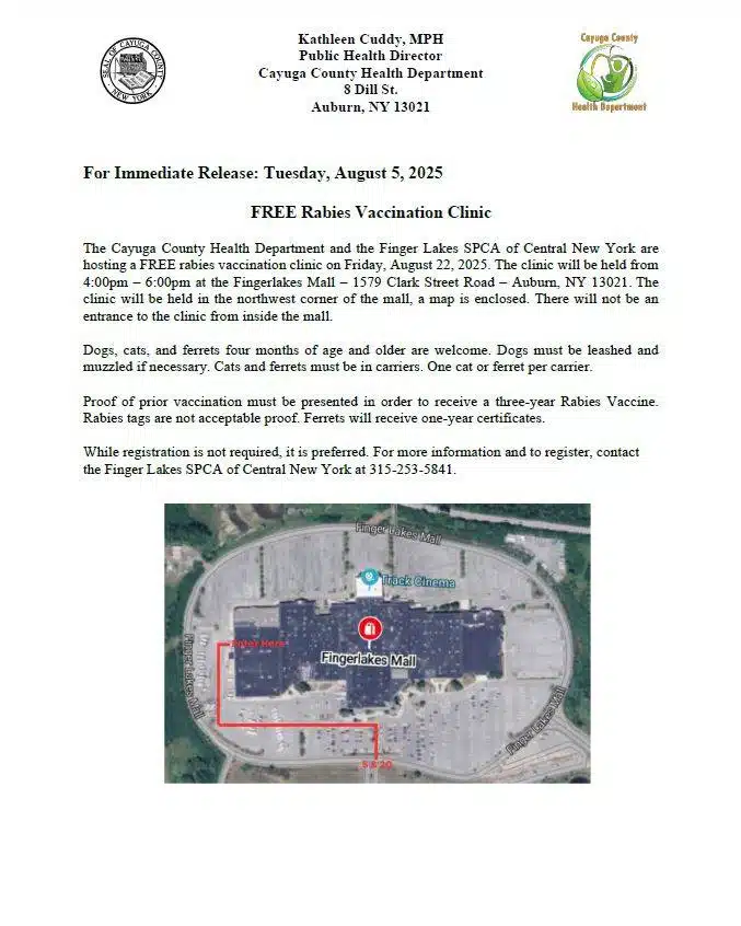 Free rabies clinic set for August 22 at Fingerlakes Mall
