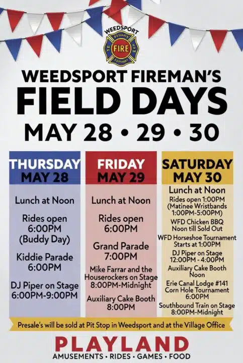 Weedsport Fireman’s Field Days return May 28-30 with rides, parade and live music
