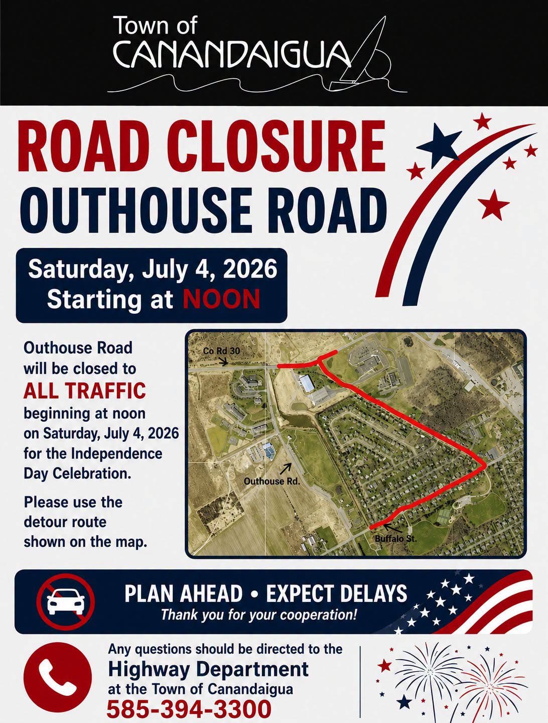 Outhouse Road to close for Canandaigua Independence Day festivities Outhouse Road to close for Canandaigua Independence Day festivities