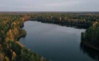 An aerial view of a lake surrounded by forest