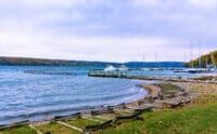 A marina and shoreline along a Finger Lakes waterfront