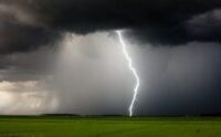Lightning over a field beneath dark storm clouds