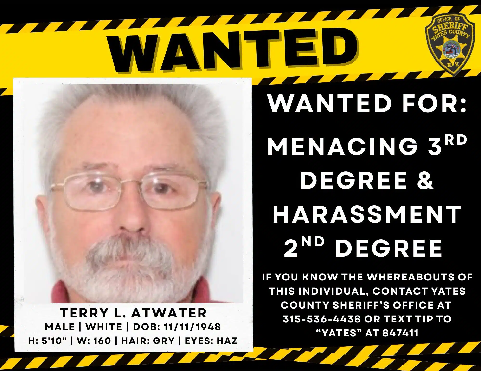 Yates County sheriff seeks public’s help locating man wanted on menacing, harassment charges Yates County sheriff seeks public’s help locating man wanted on menacing, harassment charges