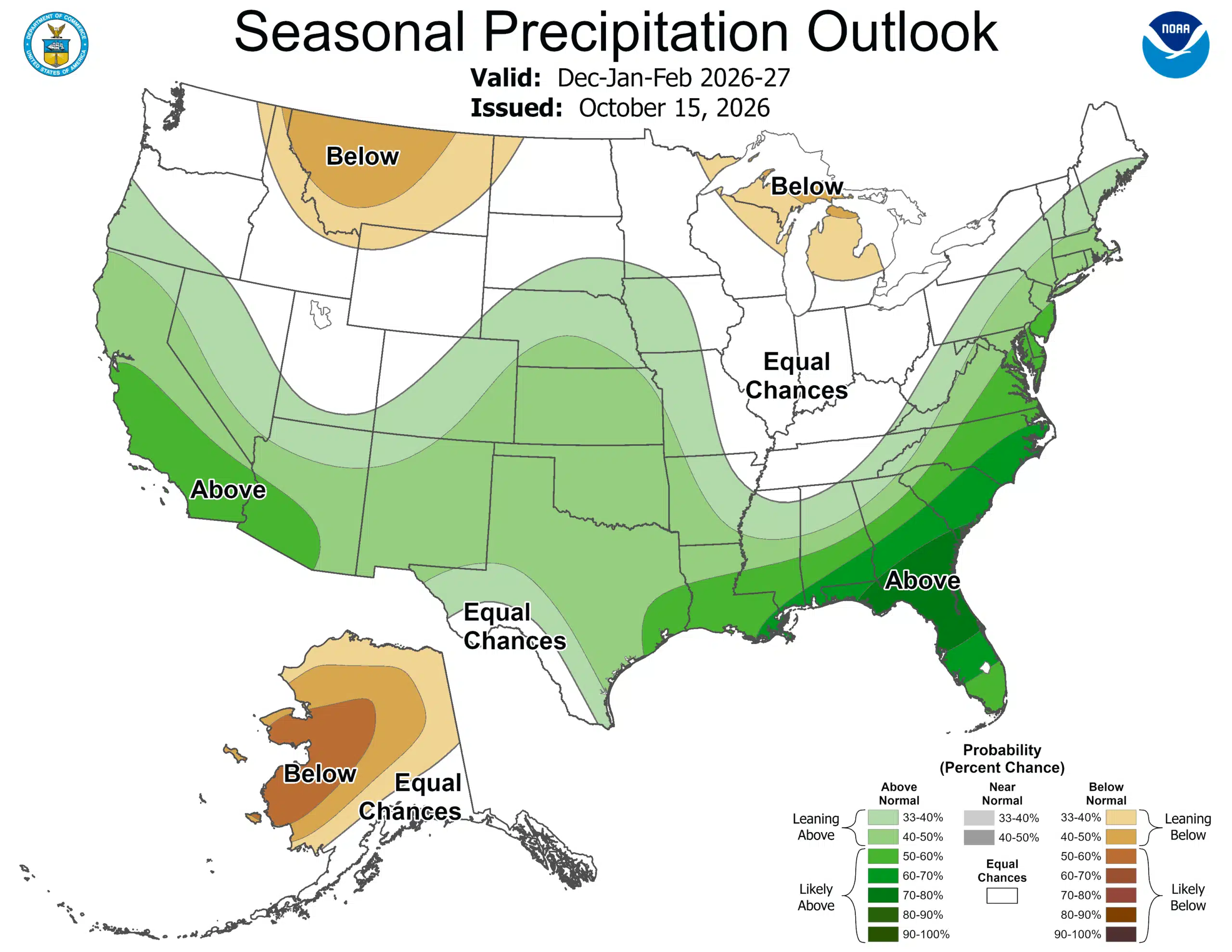 CPC seasonal precipitation probabilities for December 2026 through February 2027, issued Oct. 15, with full probability legend.