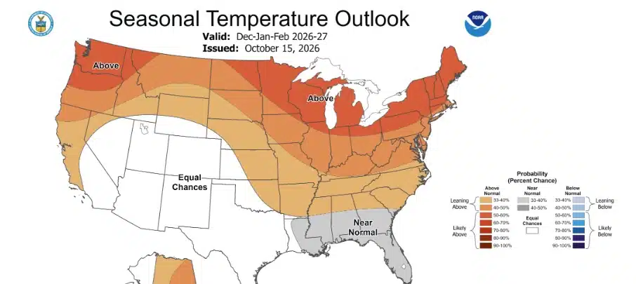 NOAA seasonal temperature outlook issued Oct. 15, 2026, for December 2026 through February 2027, with probability legend.