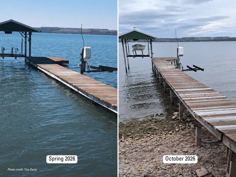Side-by-side dock photographs labeled Spring 2026 and October 2026, showing more exposed shoreline in October.